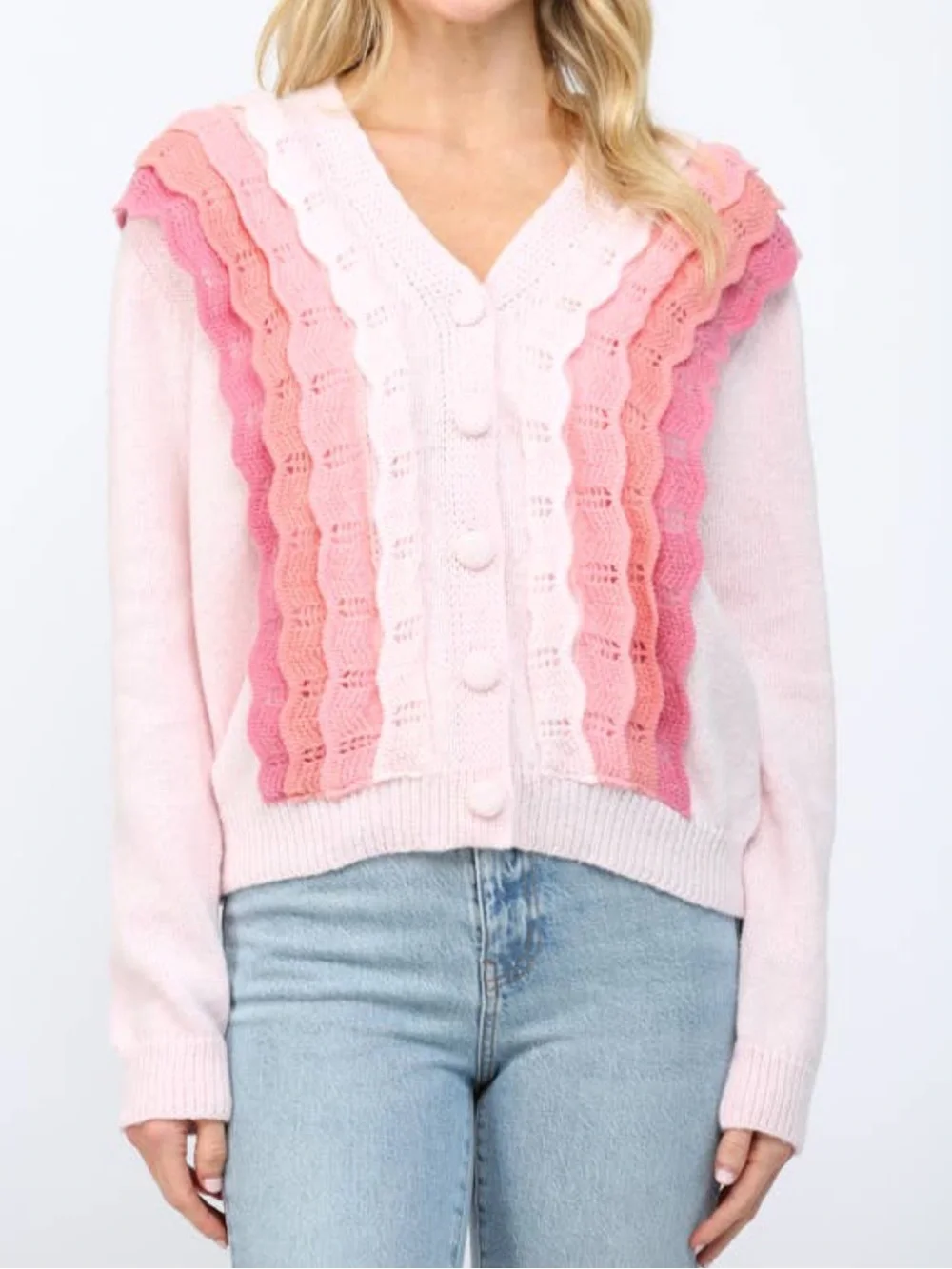 V-Neck Pink Gradient Ruffle Knit Cardigan Sweater by fate NWOT - Picture 2 of 9